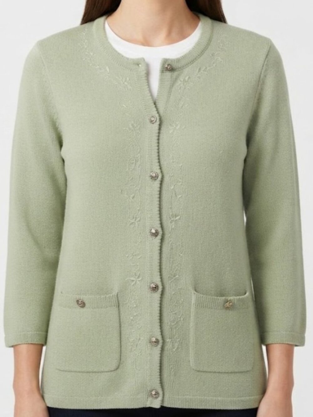 Sage Green Embroidered Button-Front Cardigan